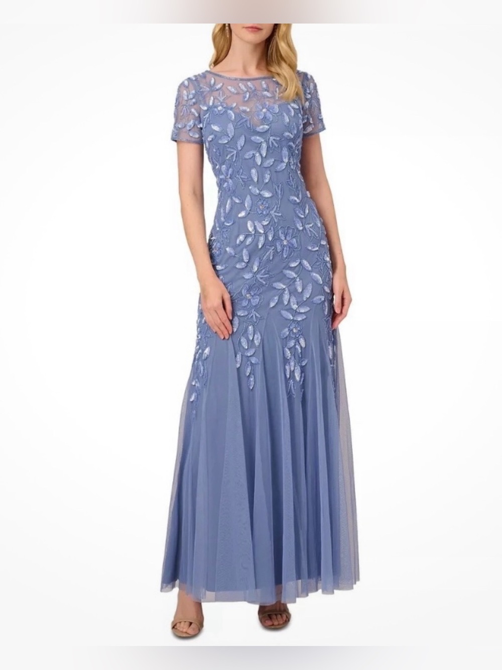 Adrianna Papell Periwinkle French Blue Floral Appliqué Formal Dress 18W $299